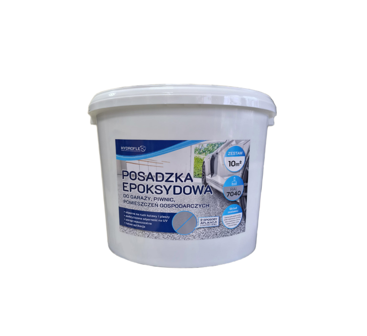 ZESTAW ŻYWICY EPOKSYDOWEJ NA 8-10 m² - do wykonania posadzki żywicznej w kolorze szarym (RAL7040) z płatkami dekoracyjnymi i warstwą zamykającą
